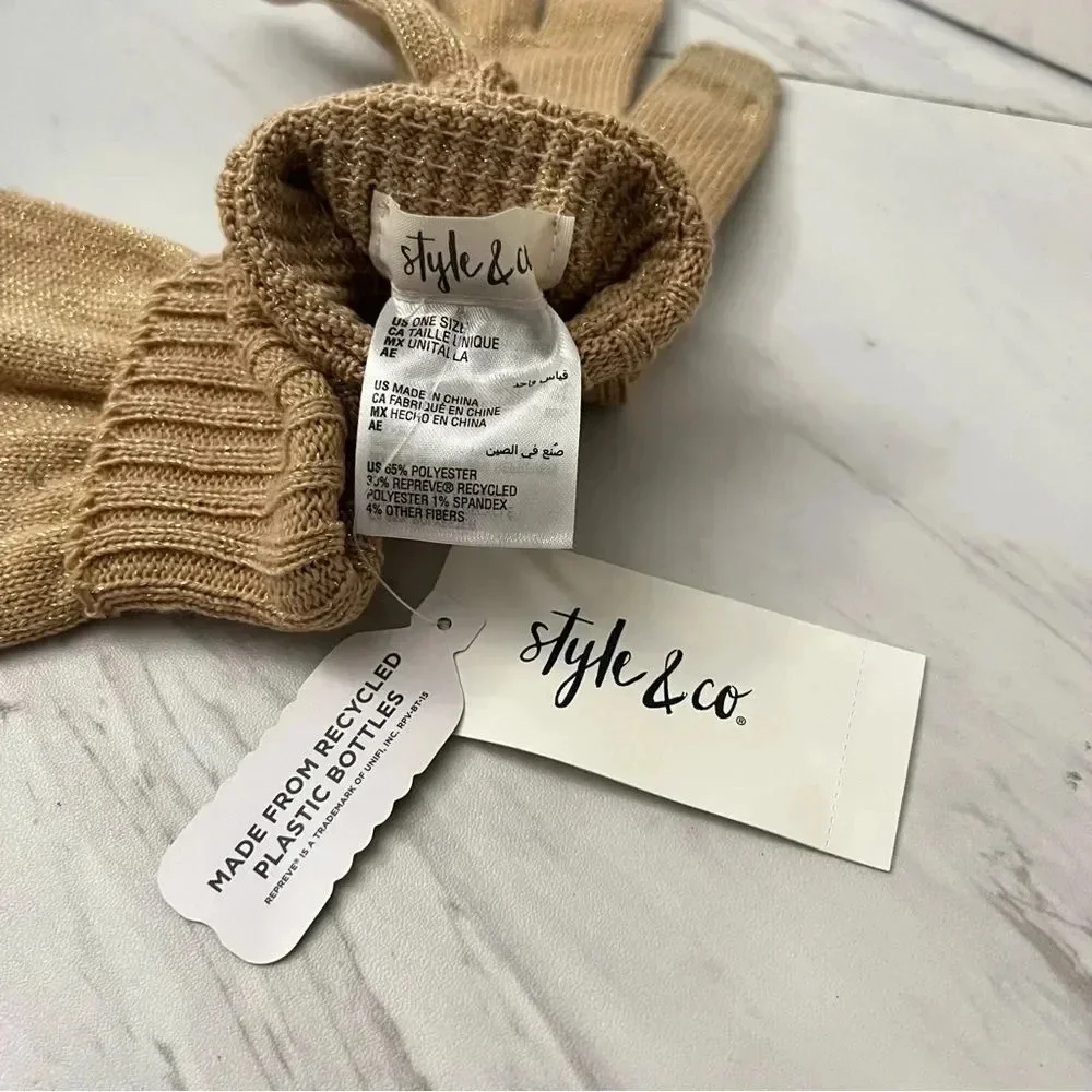 Style & Co Gloves Kitted Camel/Tan With Silver Tone Treads Tech Tip One Size O/S